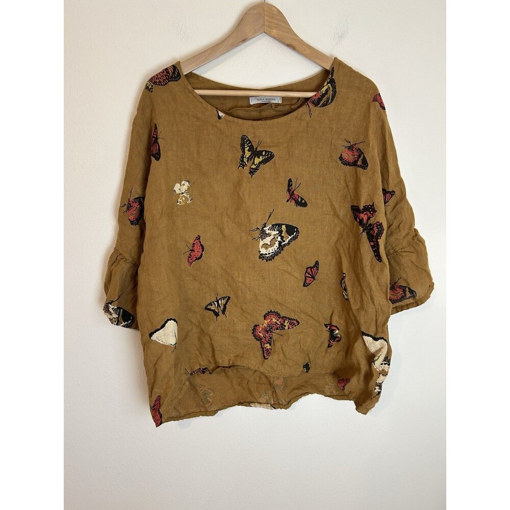 Viola Borghi 100% Linen Top L Butterfly Print Mustard Shirt Blouse Lagenlook